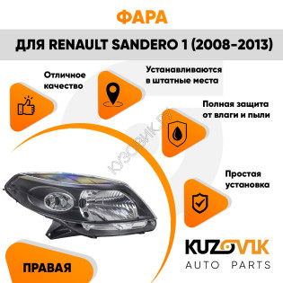 Фара правая черная Renault Sandero 1 (2008-2013) KUZOVIK Фара правая черная Renault Sandero 1 (2008-2013) KUZOVIK