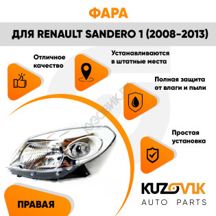 Фара правая хром Renault Sandero 1 (2008-2013) KUZOVIK Фара правая хром Renault Sandero 1 (2008-2013) KUZOVIK